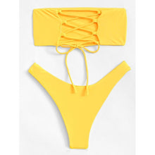 Load image into Gallery viewer, Lace-Up Plain Yellow Bikini Set
